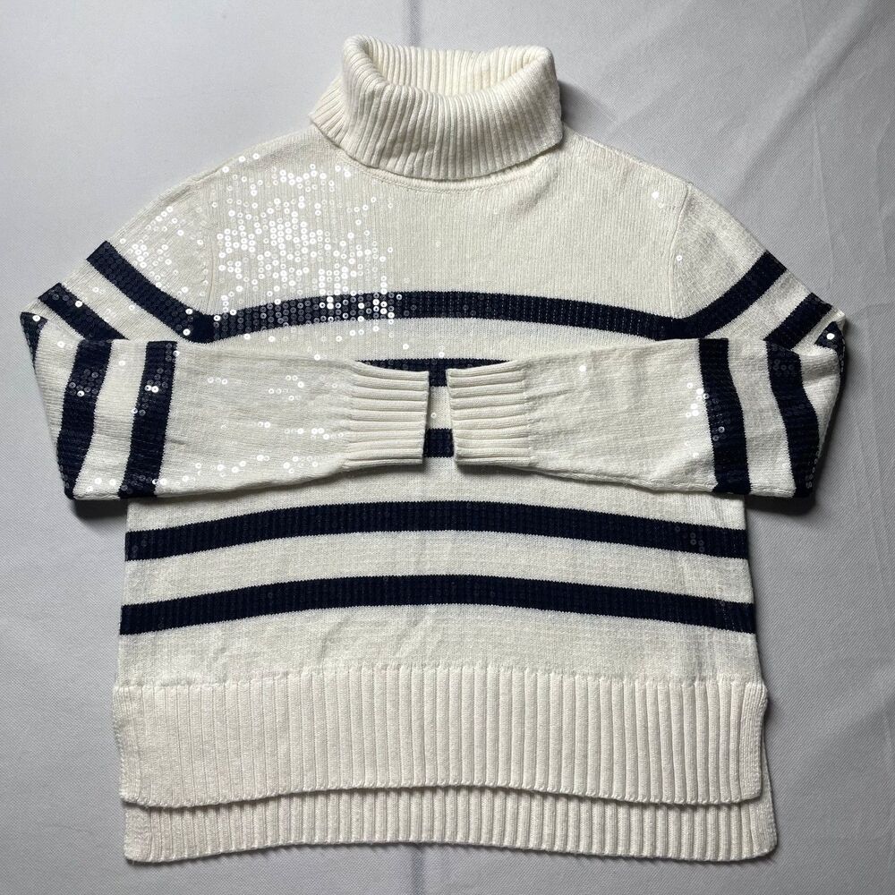 Talbots Women's Petite White/Navy Striped Sequin Turtleneck Sweater - Size Lp